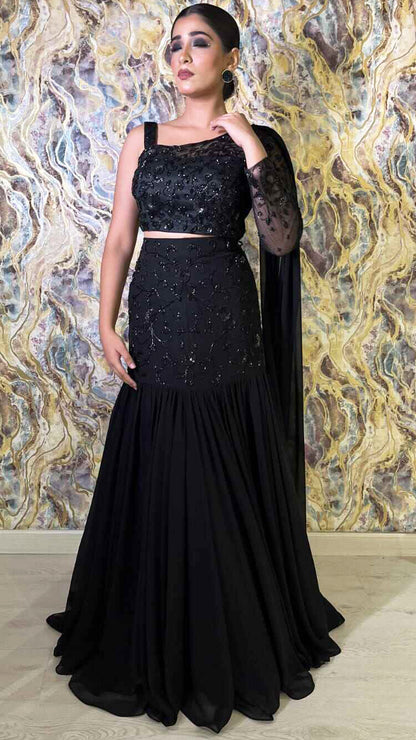 Black mermaid lehenga with sequence & cut dana in georgette