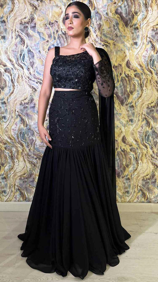 Black mermaid lehenga with sequence & cut dana in georgette