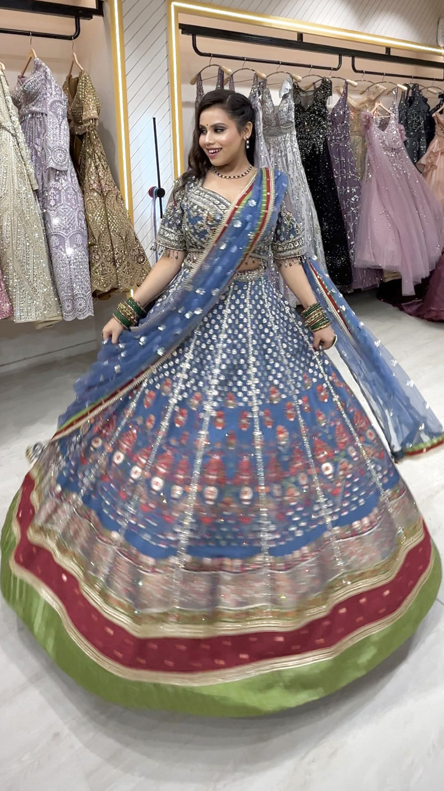 Multicolor organza lehenga with zari & resham
