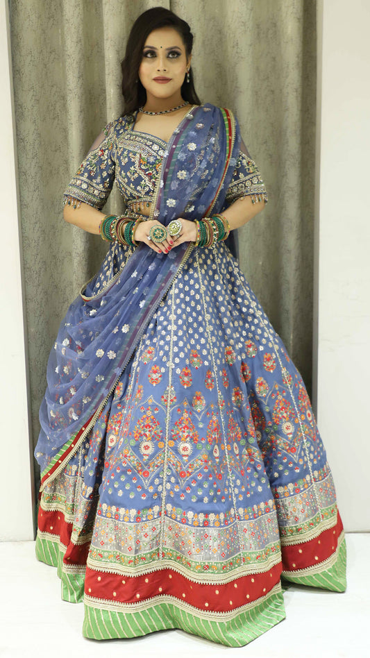 Multicolor organza lehenga with zari & resham