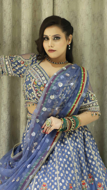 Multicolor organza lehenga with zari & resham