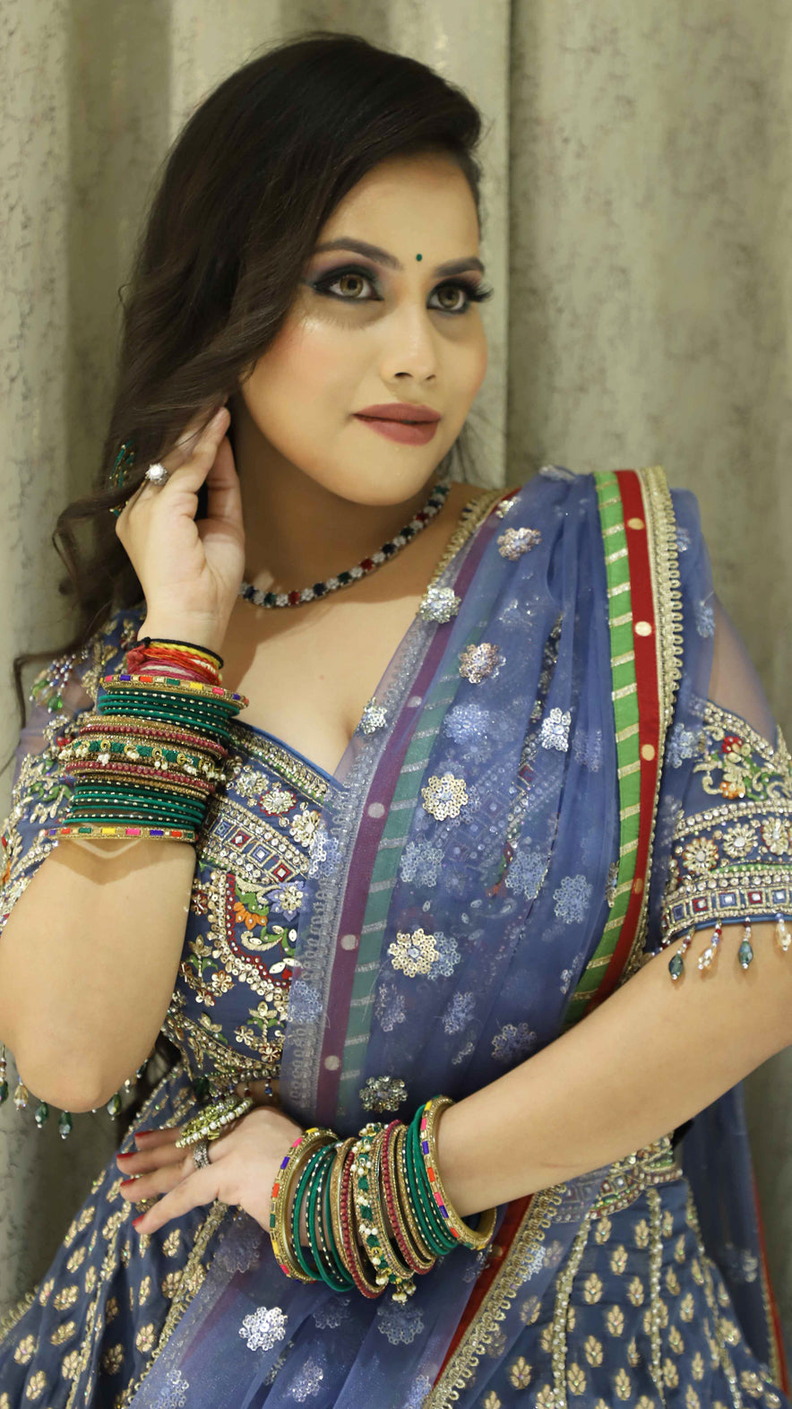 Multicolor organza lehenga with zari & resham
