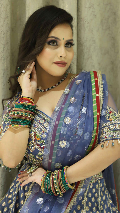 Multicolor organza lehenga with zari & resham