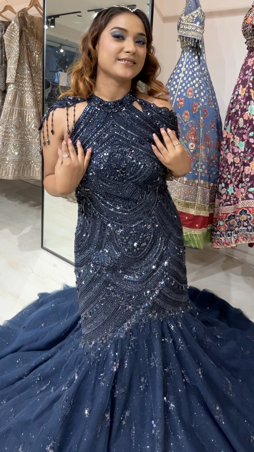 Midnight blue mermaid gown in net with pearl & cut dana