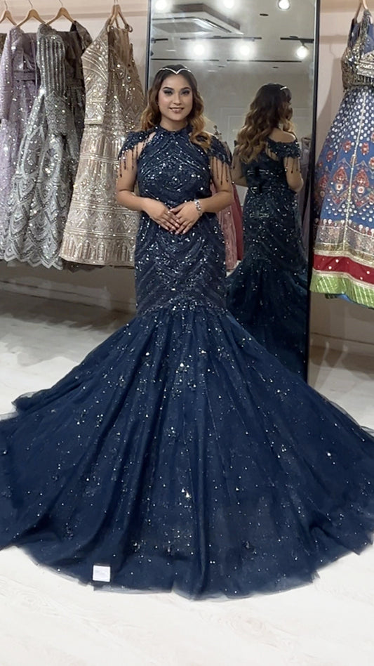 Midnight blue mermaid gown in net with pearl & cut dana