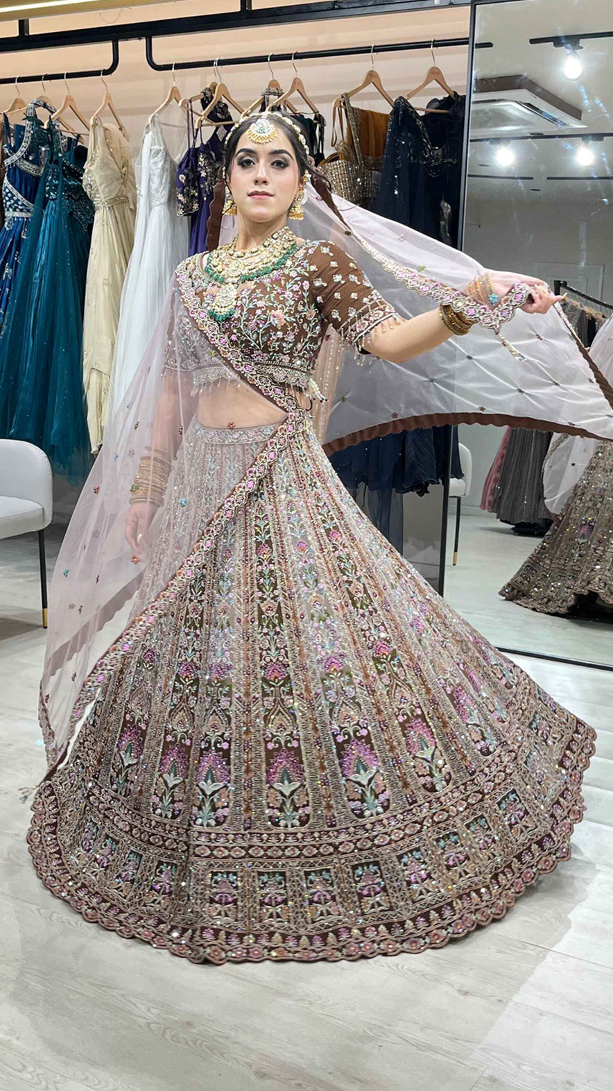 Multicolor lehenga with thread & crystal work on georgette with 4 border dupatta