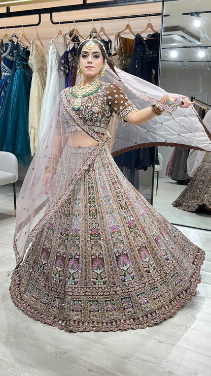 Multicolor lehenga with thread & crystal work on georgette with 4 border dupatta