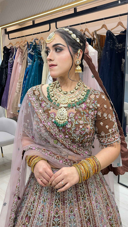 Multicolor lehenga with thread & crystal work on georgette with 4 border dupatta