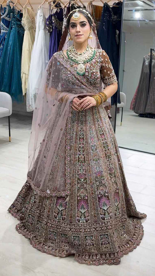 Multicolor lehenga with thread & crystal work on georgette with 4 border dupatta