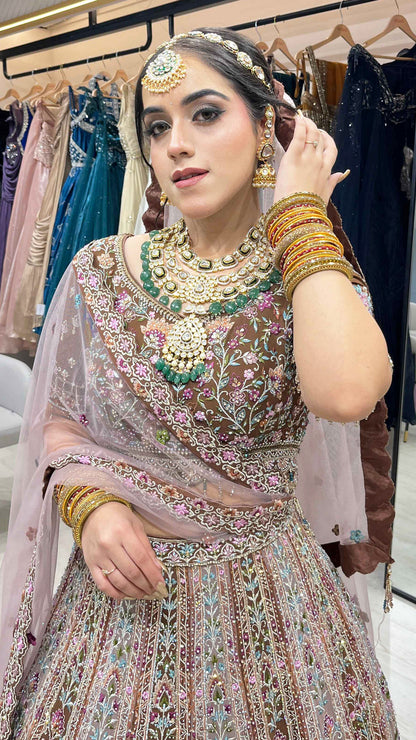 Multicolor lehenga with thread & crystal work on georgette with 4 border dupatta