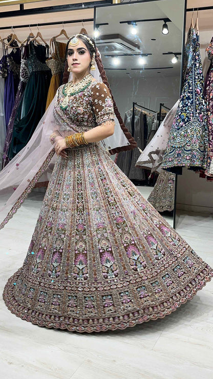 Multicolor lehenga with thread & crystal work on georgette with 4 border dupatta