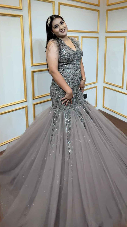 Espresso brown mermaid gown in net with sequins & tube