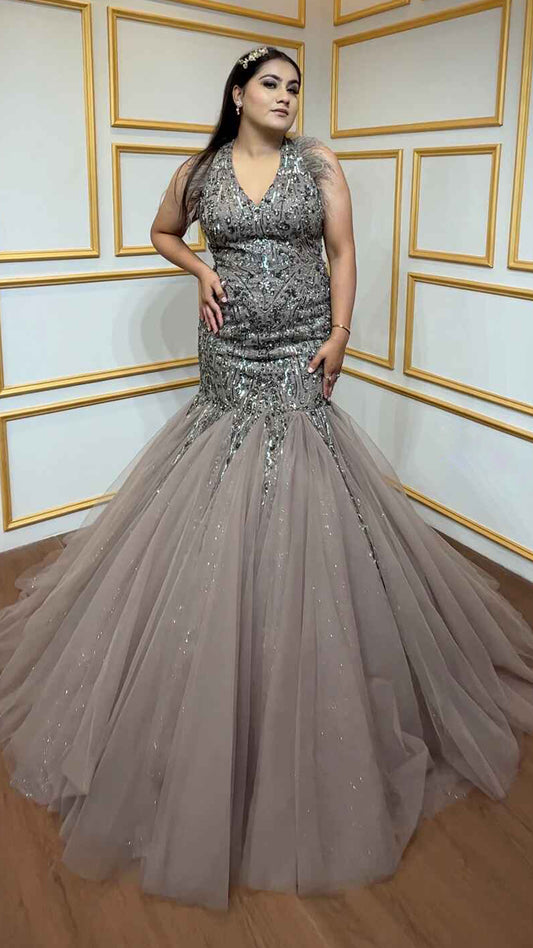 Espresso brown mermaid gown in net with sequins & tube