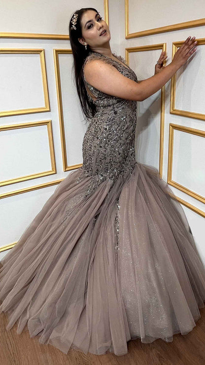 Espresso brown mermaid gown in net with sequins & tube