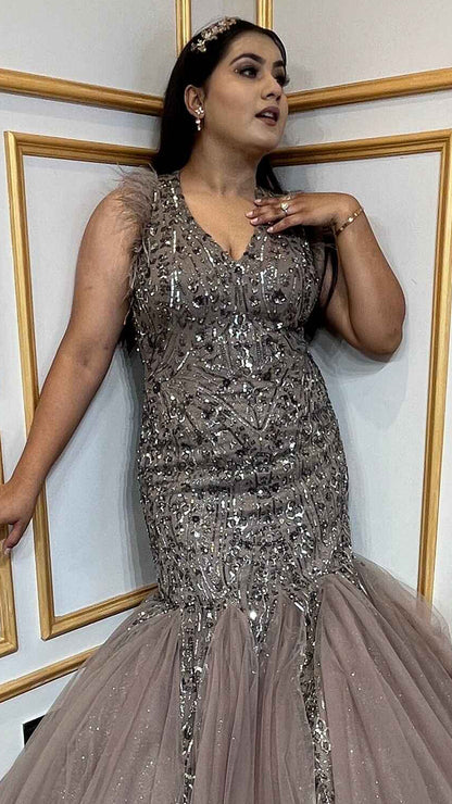 Espresso brown mermaid gown in net with sequins & tube