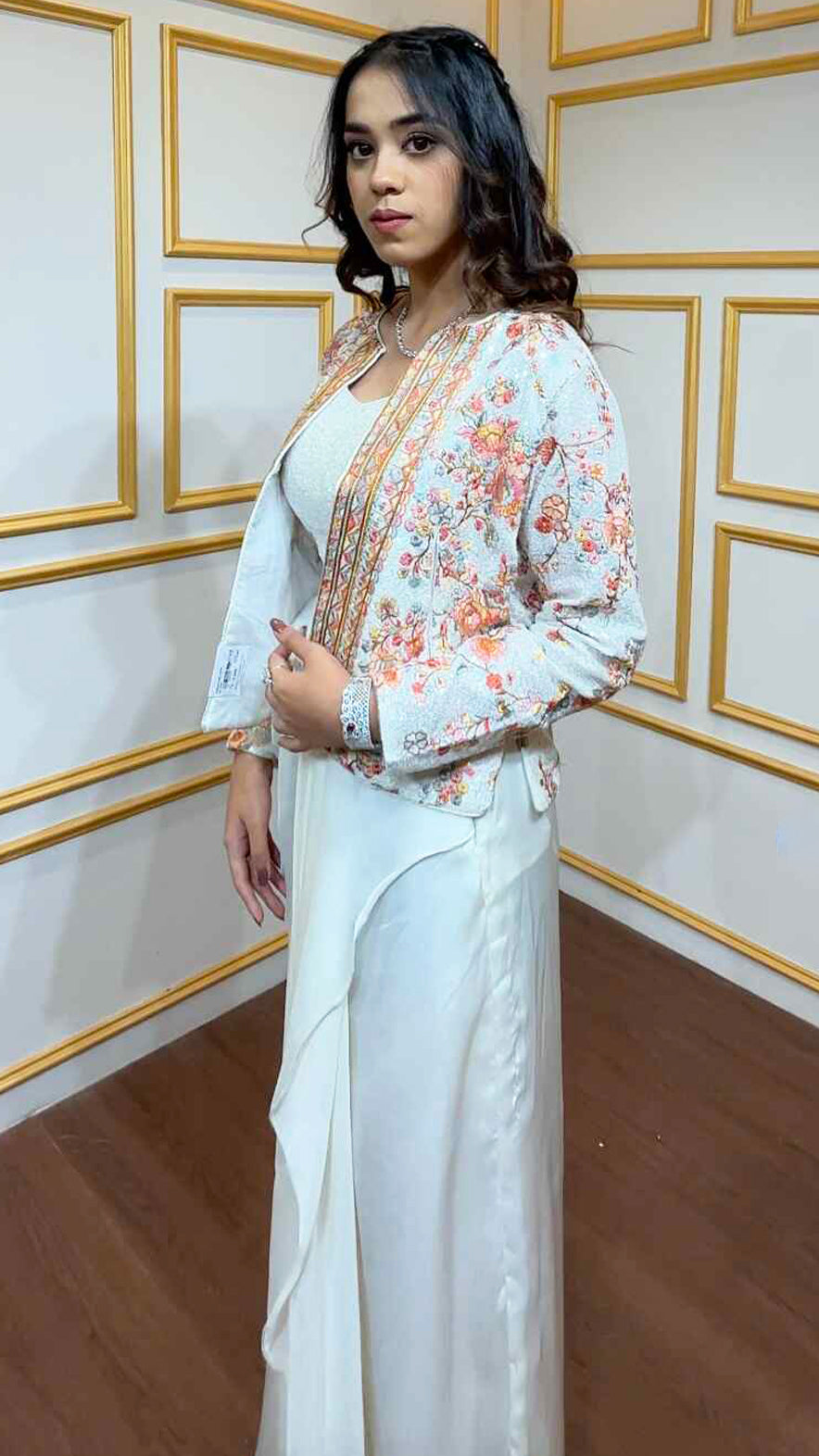 Pearl white dhoti style with jacket with sequins & thread work on organza