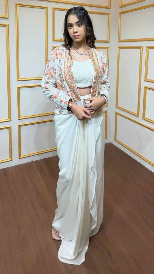 Pearl white dhoti style with jacket with sequins & thread work on organza