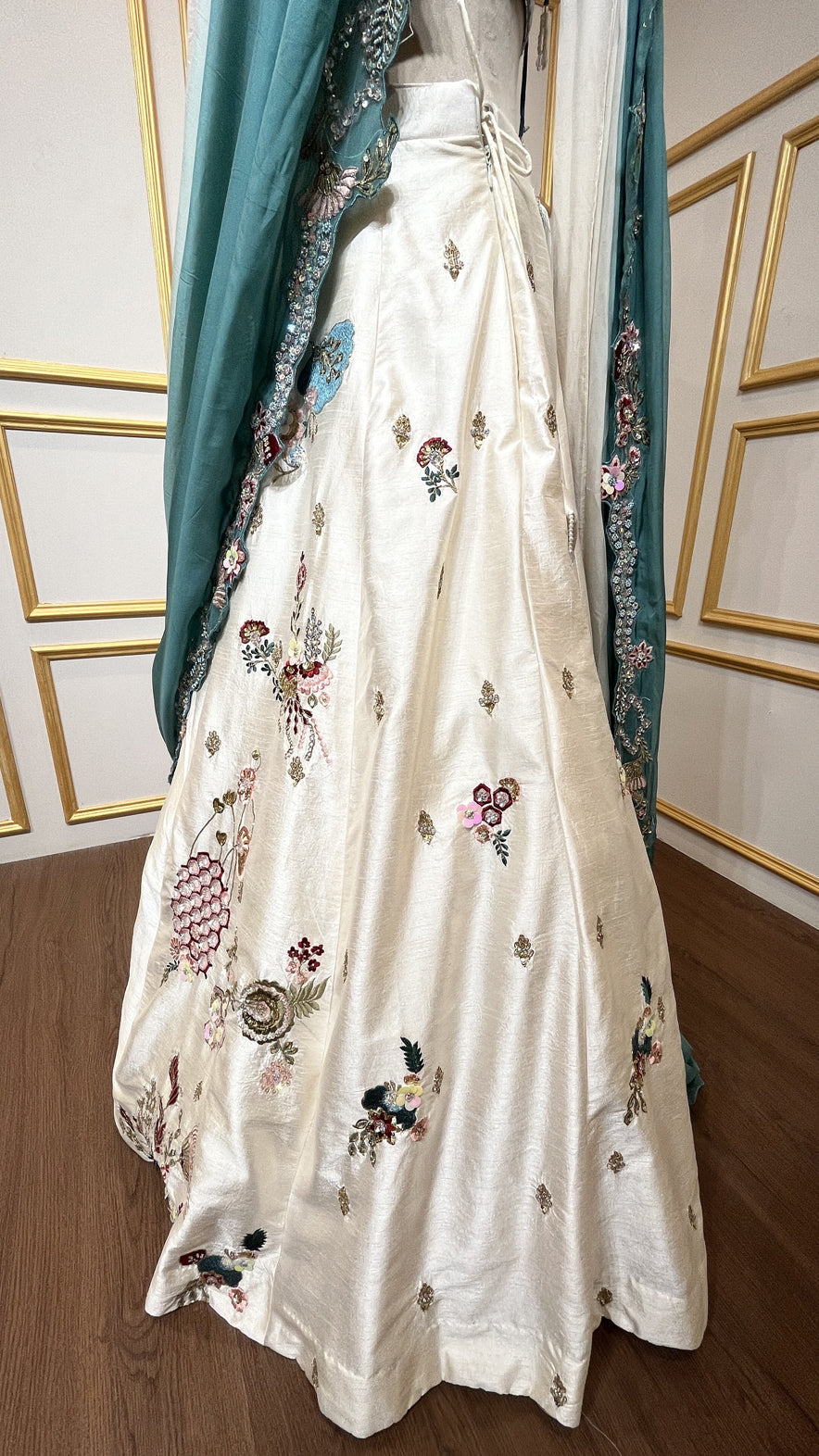 Cream & dusty turquoise drape lehenga with thread & pearl in raw silk