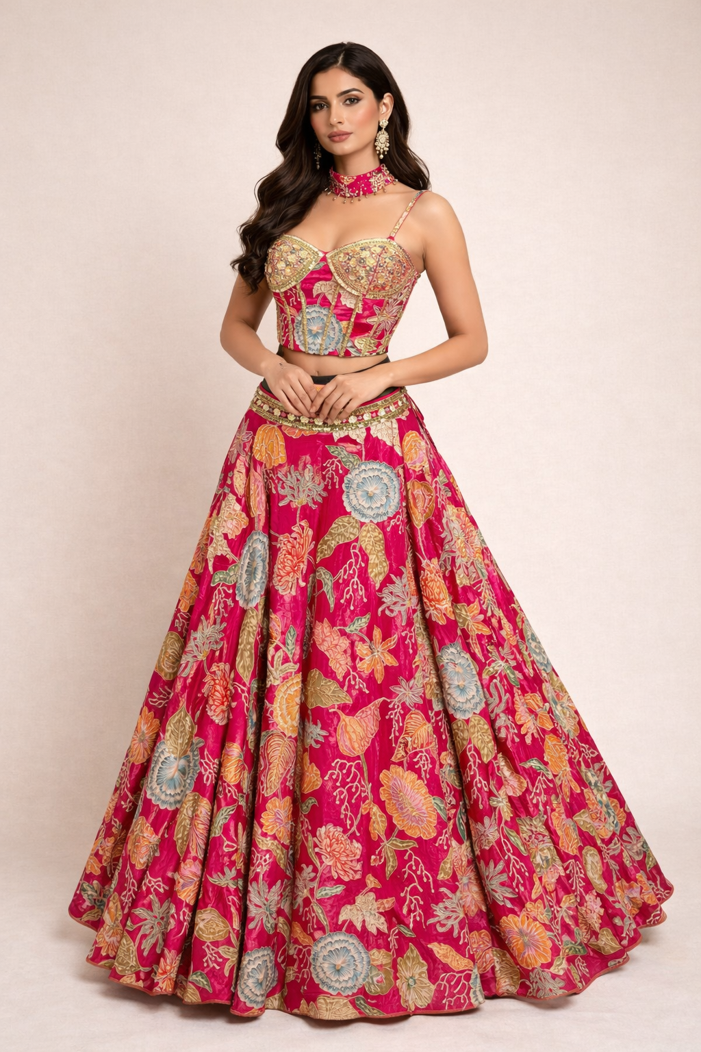 Hot pink corset lehenga with sequins & cut dana work on crape and choker dupatta
