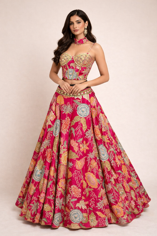 Hot pink corset lehenga with sequins & cut dana work on crape and choker dupatta