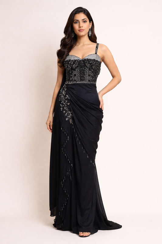 Midnight blue satin drape style straight fit dress with zarkan & pearl work