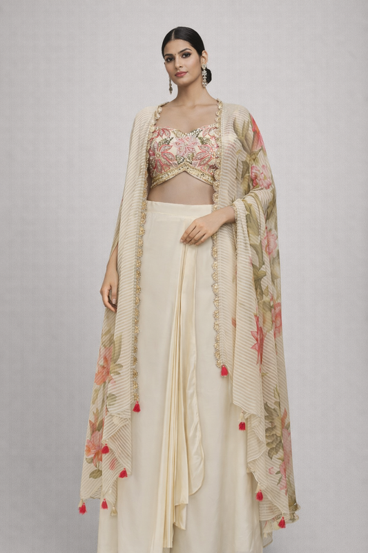 Resham & cut dana work on cream chinon dhoti & croptop with printed shrug
