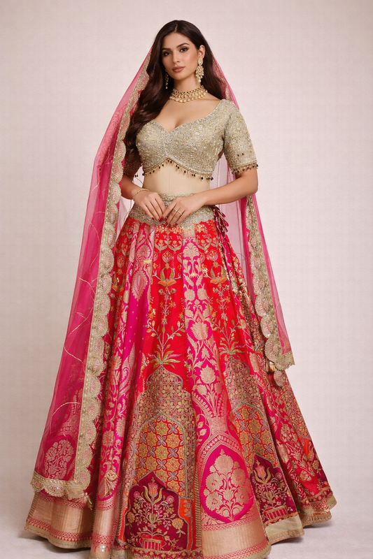 Magenta crape lehenga and contrasting blouse with cut dana & dabka work