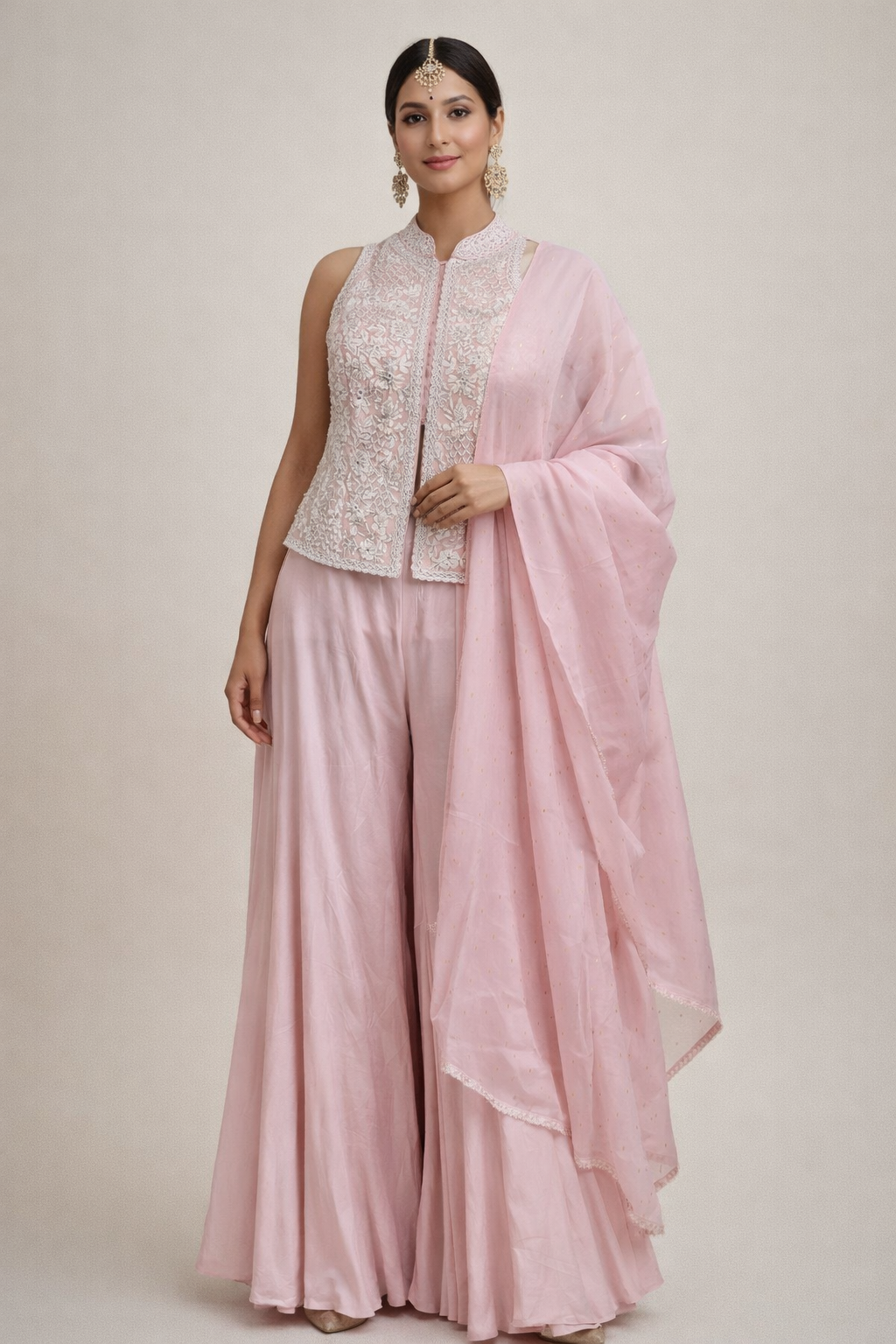 Baby pink chinon koti plazo set with pearl & resham work