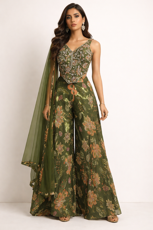 Chinon plazo with sequins & mirror work corset in forest green