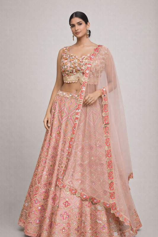 Raw silk pink peach lehenga choli with sequins & pearl work