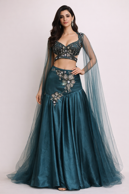 Teal imported fabric mermaid lehenga with zarkan & sequins work