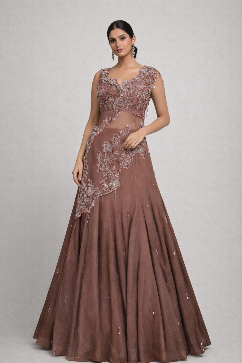 Chocolate brown chinon mermaid drape lehenga with pearl & sequins work