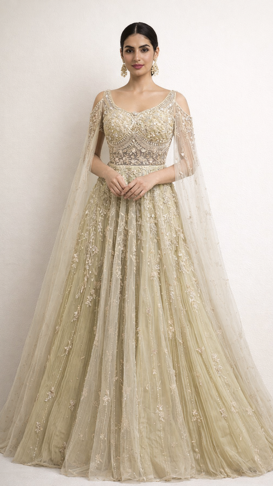 Ivory gold engagement gown on net with sequins & pearl work