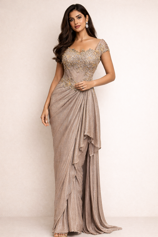 Rose gold imported fabric asymmetrical bodycon dress with cut dana & sequins work