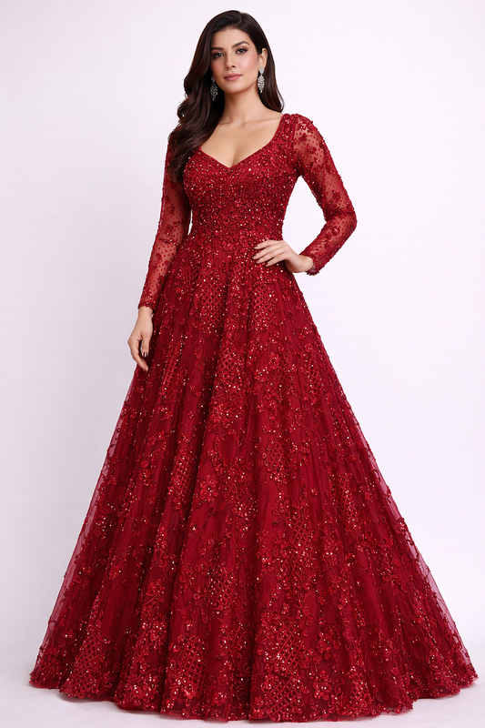 Cherry red net engagement gown with crystal & sequins work
