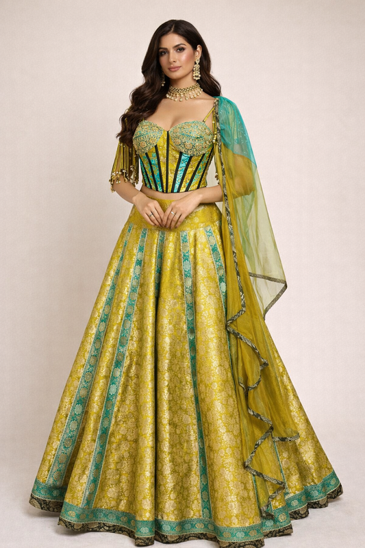 Dabka & cut dana work on lime corset lehenga with ruffle dupatta on brocade