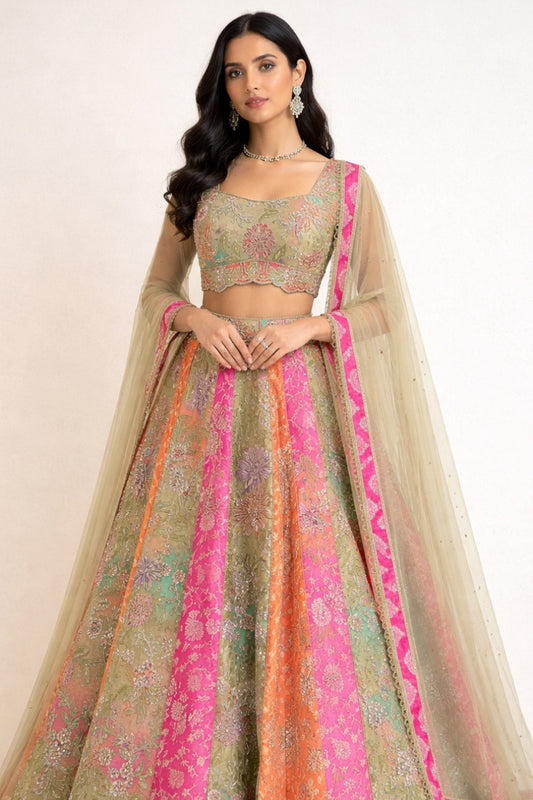 Multicolor banarsi silk lehenga with zari & sequins work