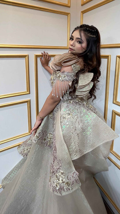 Russian self tissue engagement gown with resham & zardozi hand touch in golden