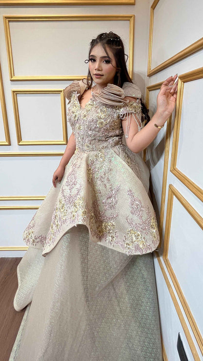 Russian self tissue engagement gown with resham & zardozi hand touch in golden
