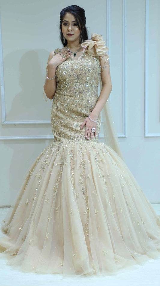 Golden cream mermaid gown with pearl & tube in net