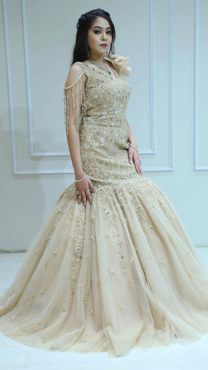Golden cream mermaid gown with pearl & tube in net