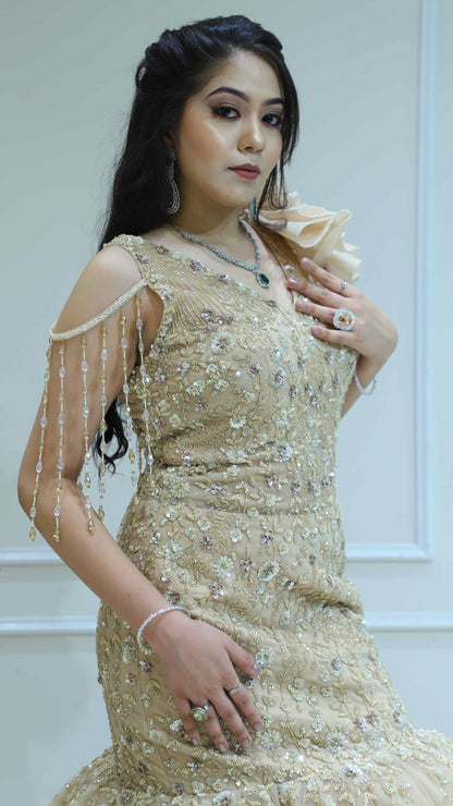 Golden cream mermaid gown with pearl & tube in net