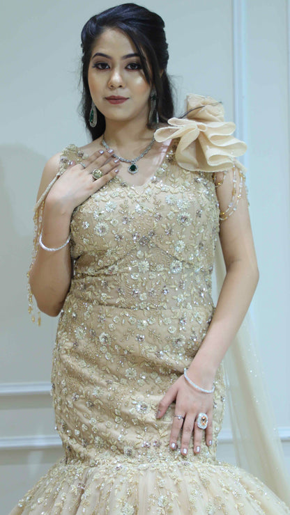 Golden cream mermaid gown with pearl & tube in net
