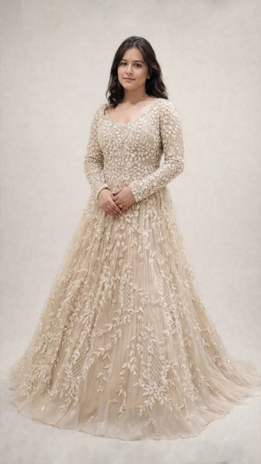 Champagne gold engagement gown with sequins & zarkan work on net