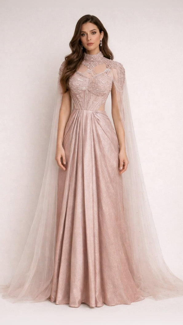Rose gold imported fabric straight fit dress with sequins & cut dana work and detachable collar