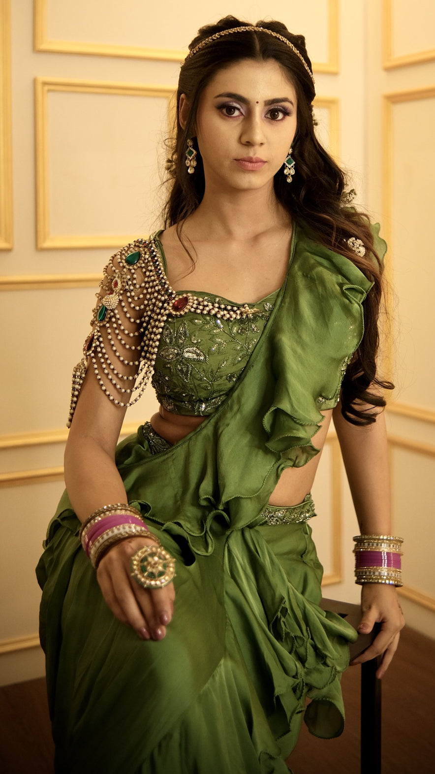 Forest green pre draped saree with tube & thread on lycra