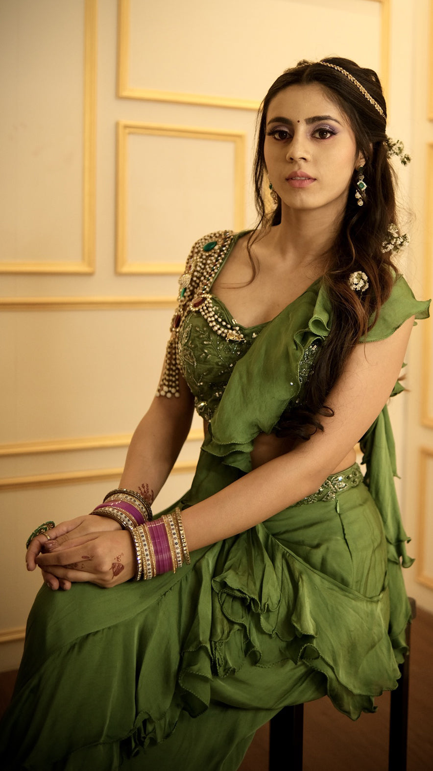 Forest green pre draped saree with tube & thread on lycra
