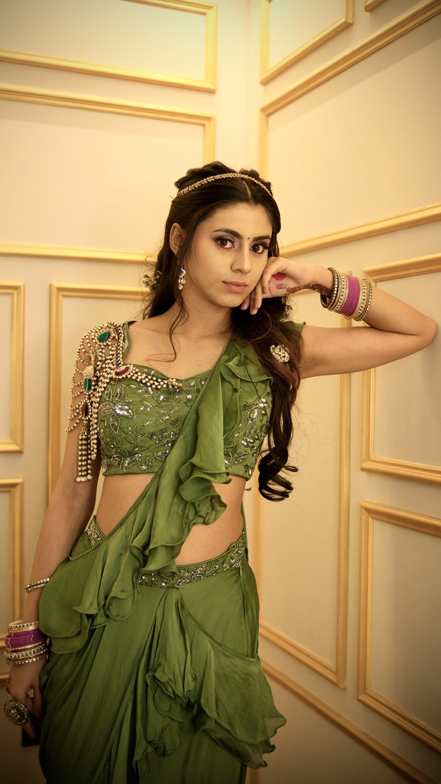 Forest green pre draped saree with tube & thread on lycra