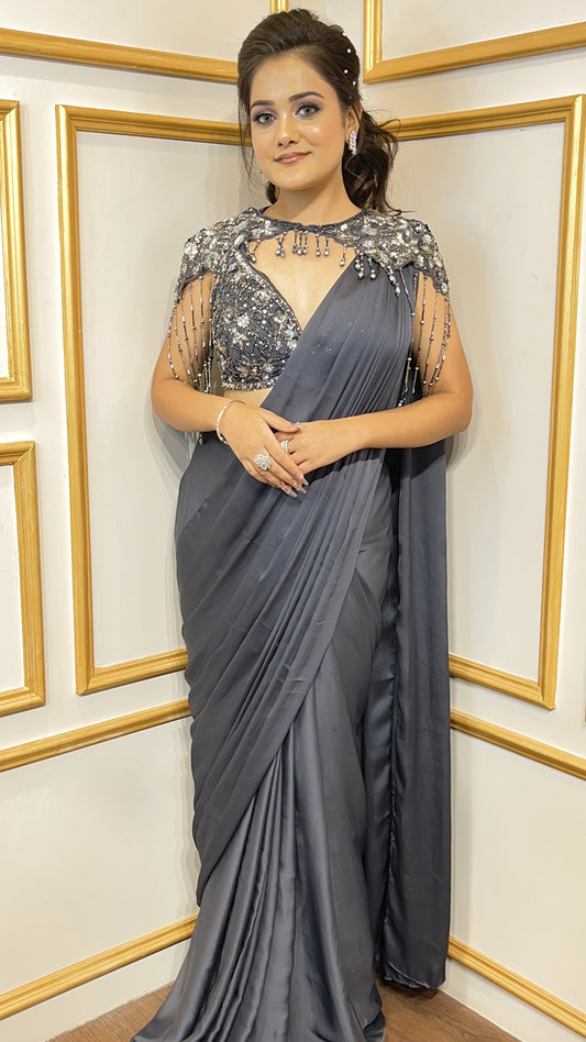 Graphite grey satin pre draped saree with sequins & tube