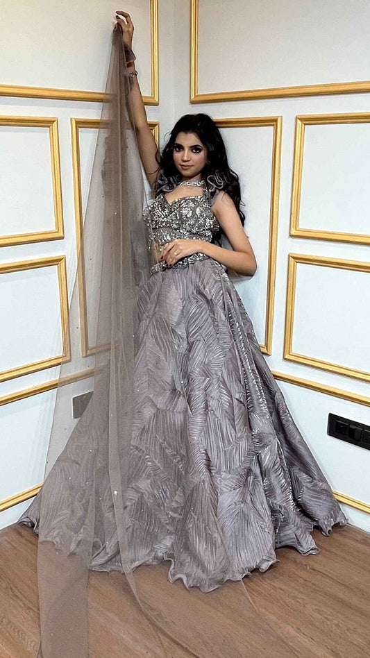 Ash brown crush tissue lehenga choli with crystal & sequins